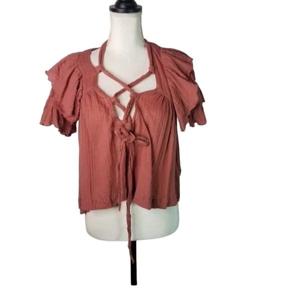 Free People angel flutter cross tie gauzy short sleeve top - Picture 3 of 14